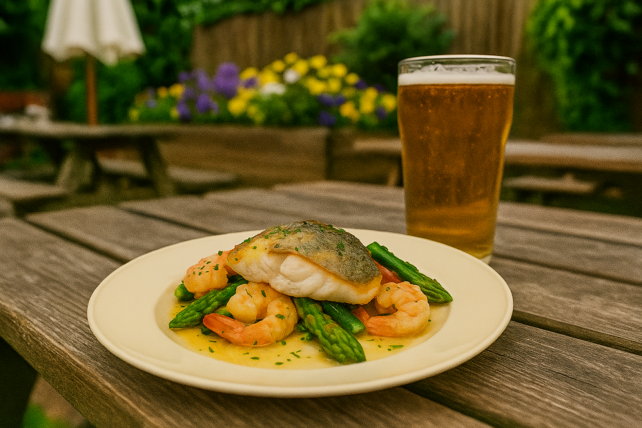 Seafood Dinner Served on Champagne Large Wide Rimmed Plate