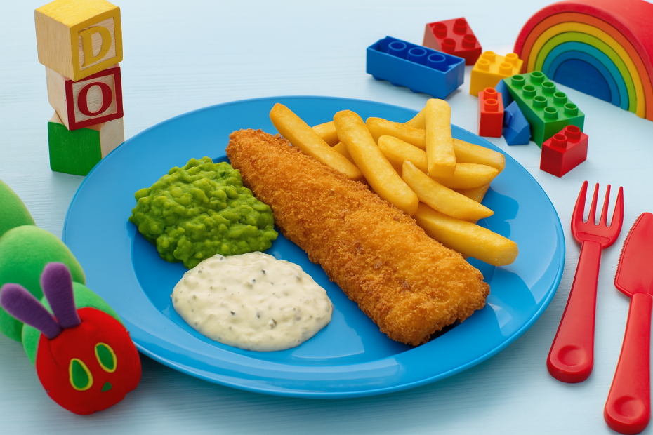 Fish and Chips in Nursery Setting on Large Wide Rim Dinner Plate