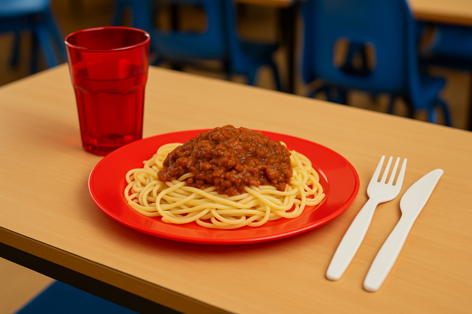 Spaghetti Bolognese on Large Red Wide Rimmed Dinner Plate as School Lunch