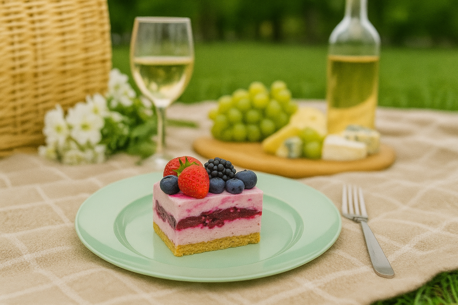 Cake on Grey Green Dessert Plate in Picnic Setting