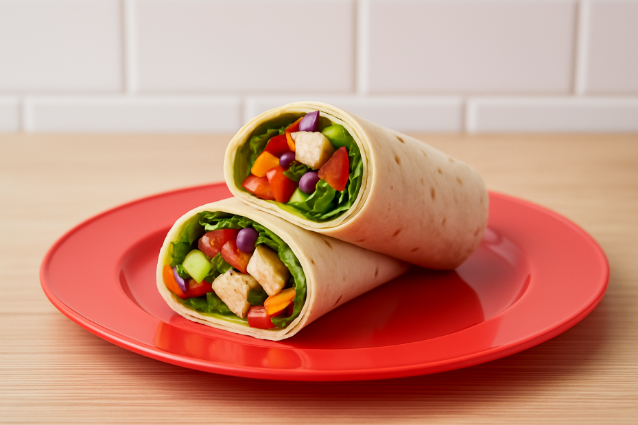 Veggie Wrap on Red Wide Rimmed Dessert Plate