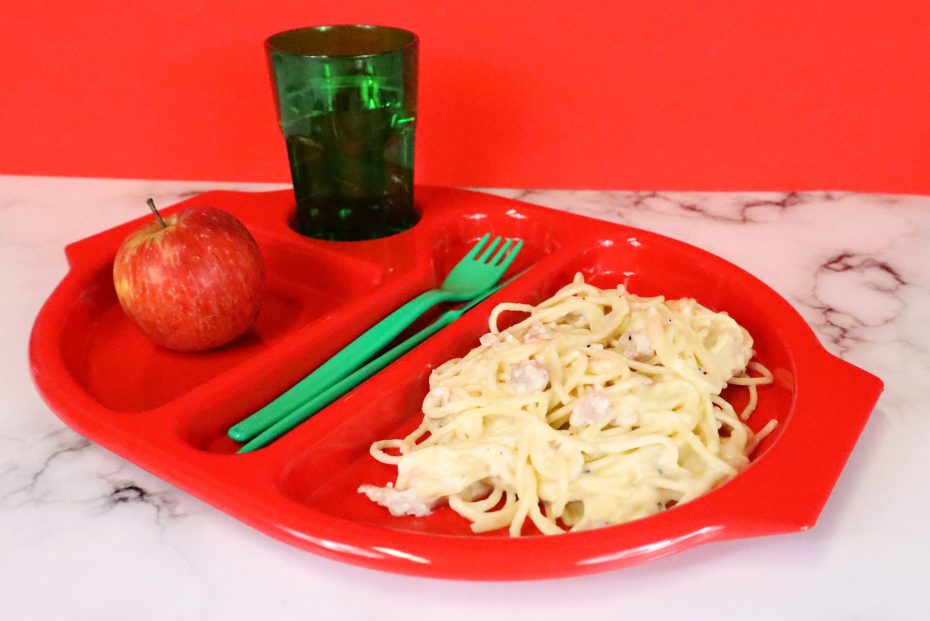 Large Red Meal Tray with Spaghetti Carbonara