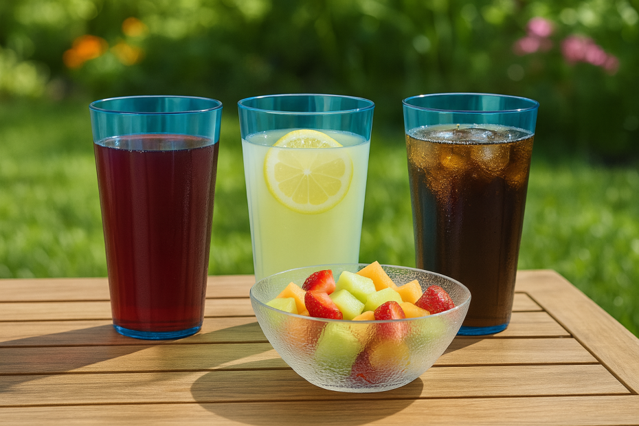 Translucent Blue Tumblers with Selection of Drinks in Outdoor Setting