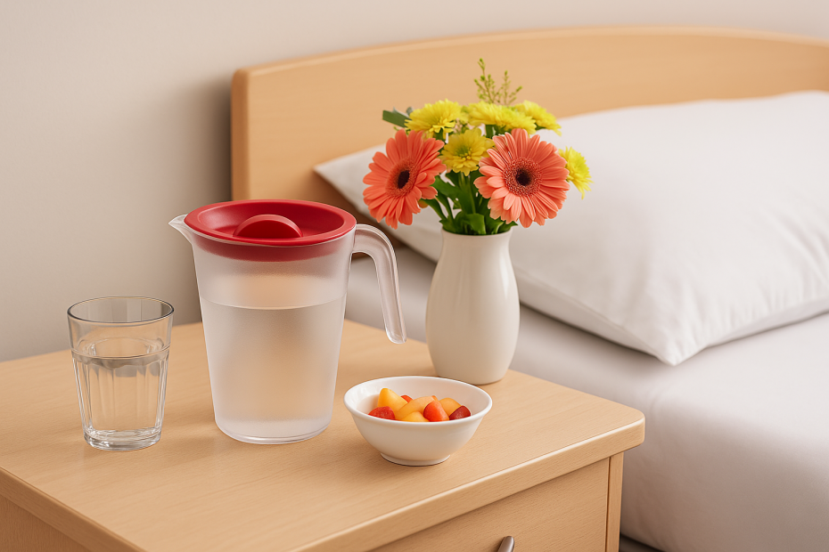 1L Frosted Jug with Red Lid on a Bedside Table