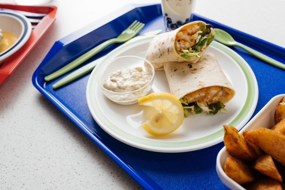 School Lunch on a Blue Tray with Handle