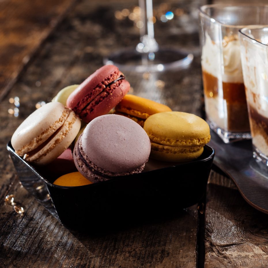 Macaroons in Black Square Dish