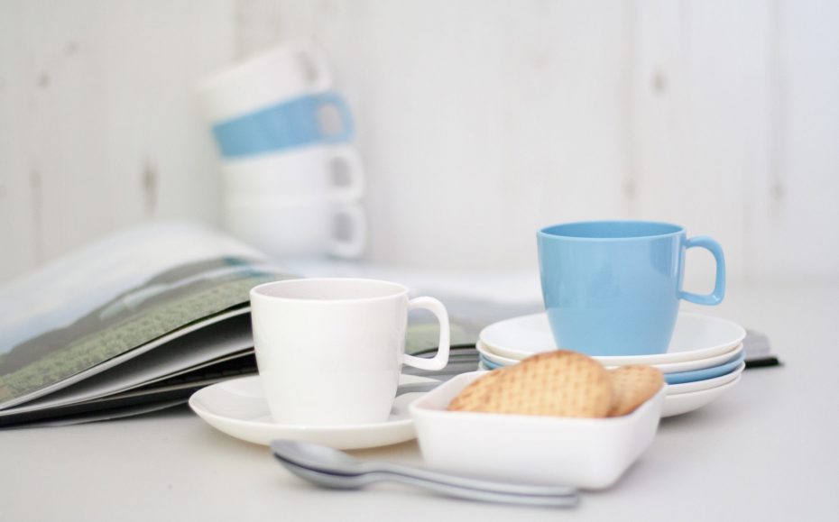 White and Pastel Blue Cups and Saucers