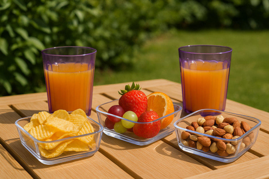 Translucent Purple Fluted Tumblers with Juice and Selection of Snack in Square Sweet Dishes