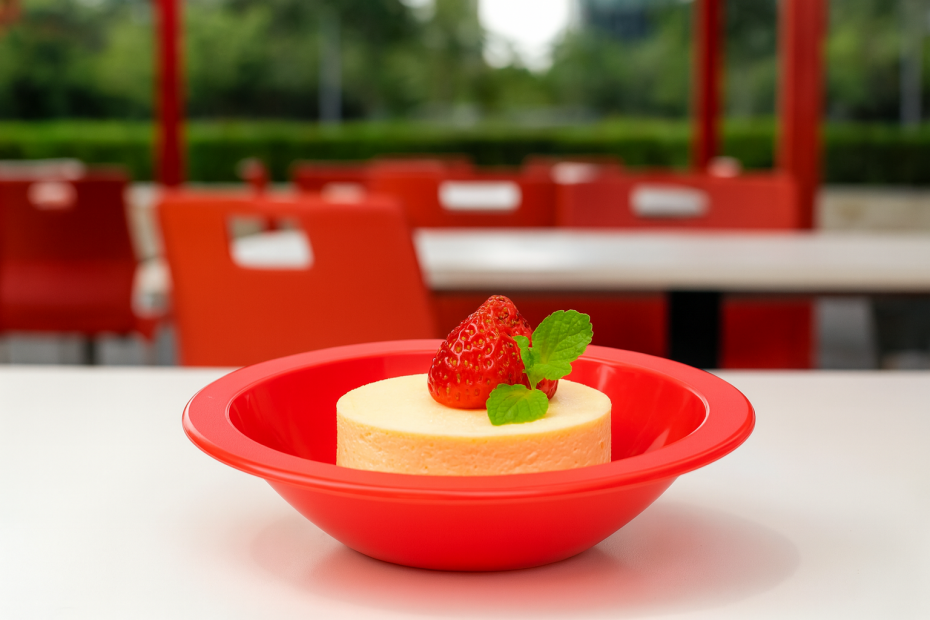 Red Narrow Rimmed Bowl with Dessert in Canteen Setting