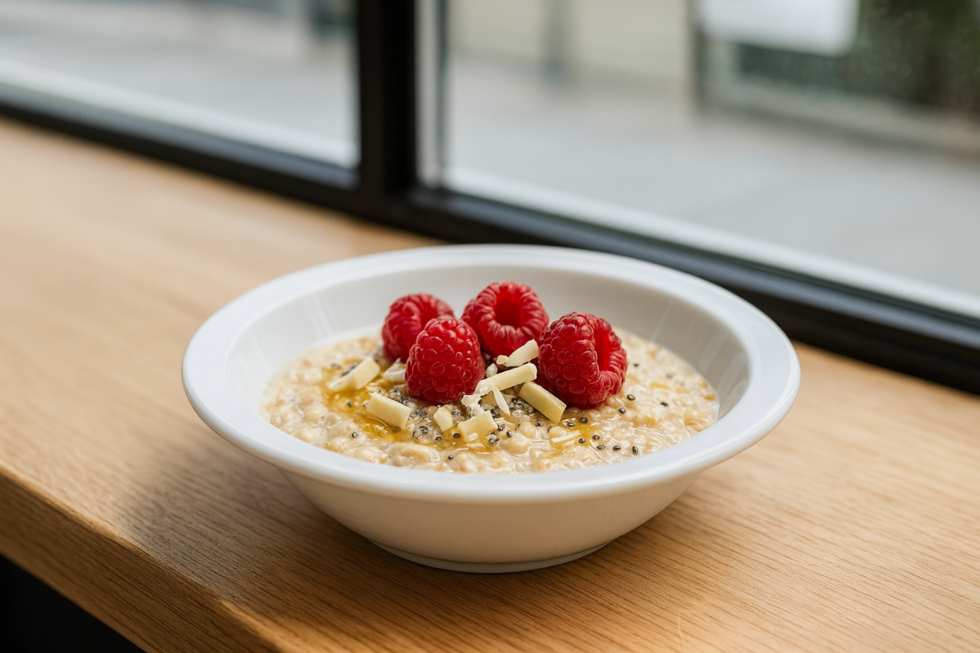 White Narrow Rimmed Bowl with Porridge in Canteen Setting