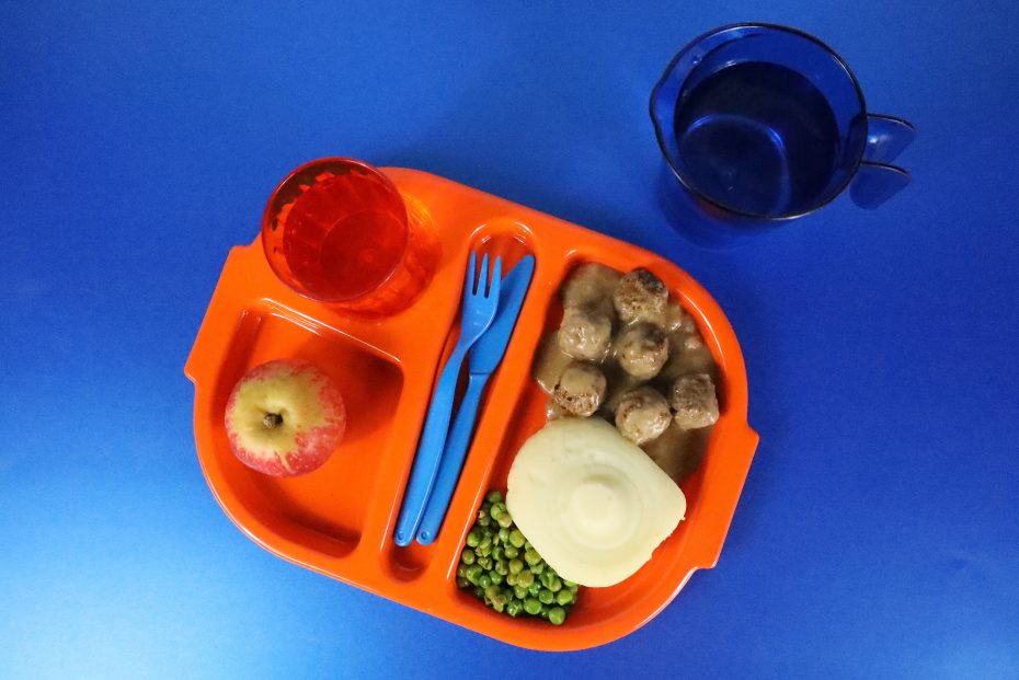 Small Orange Meal Tray with Meatballs and Mash