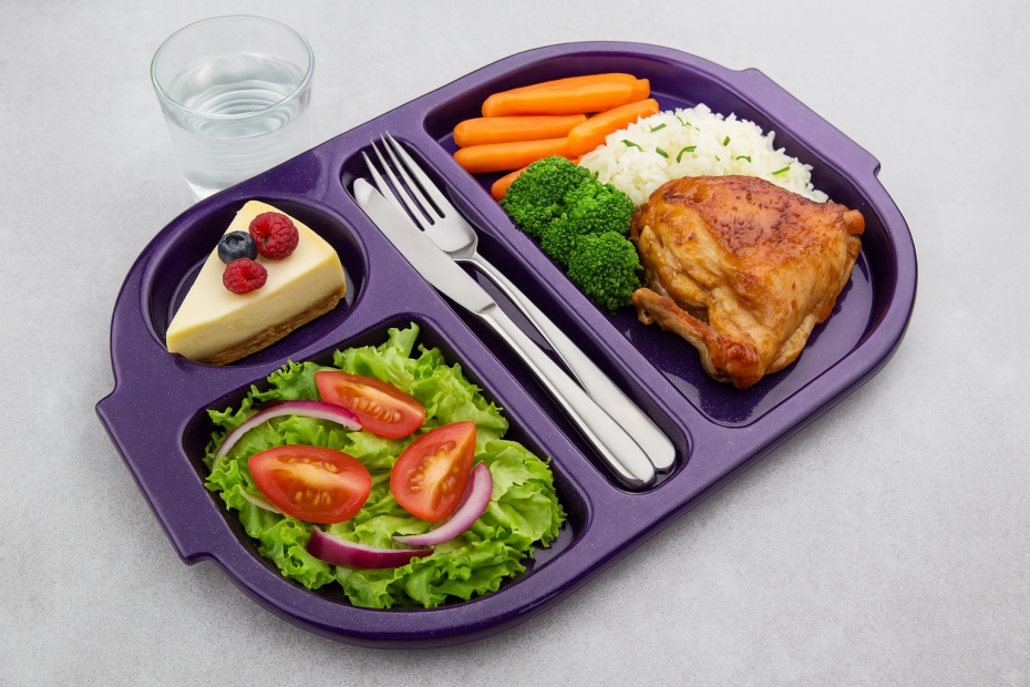 Purple Sparkle Small Meal Tray with Chicken Dinner, Salad and Dessert.