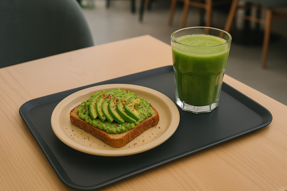 Avocado Toast on Champagne Narrow Rimmed Large Plate with Smoothie