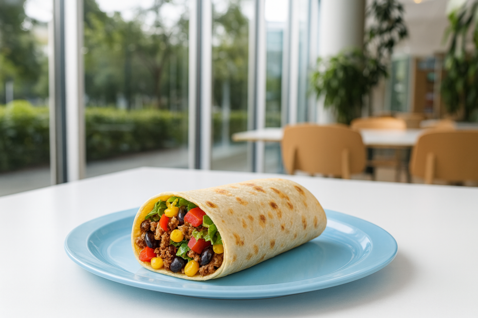 Summer Blue Dinner Plate with a Burrito in Canteen Setting