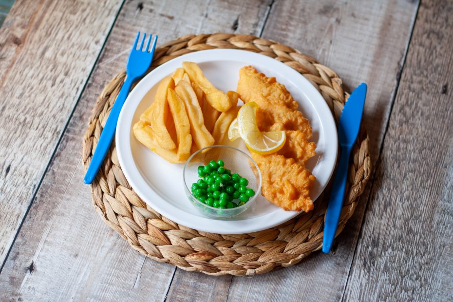 Fish and chips served on Large White Dinner Plate.