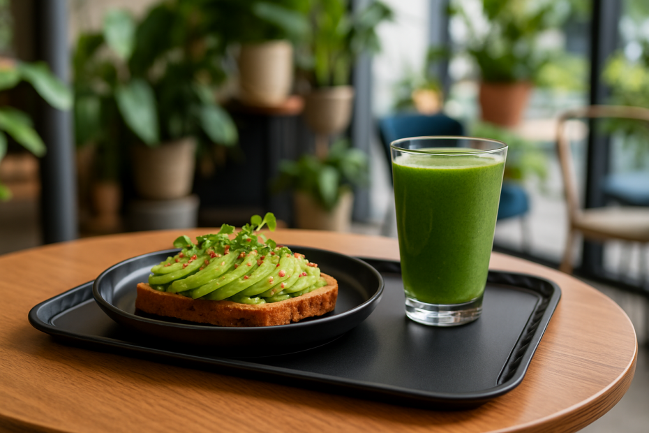 Black Flat Serving Tray With Avocado Toast on Walled Plate