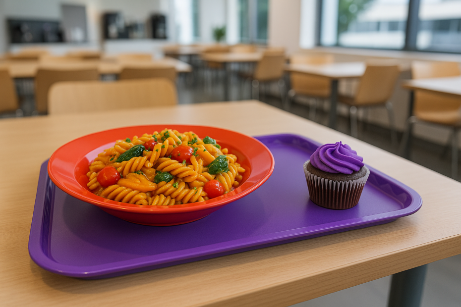 Purple Flat Serving Tray in Canteen with Pasta Plate and Cupcake