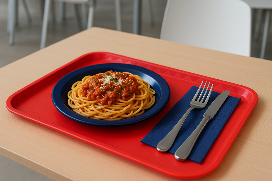 School Dinner on Narrow Rimmed Plate and Flat Serving Tray