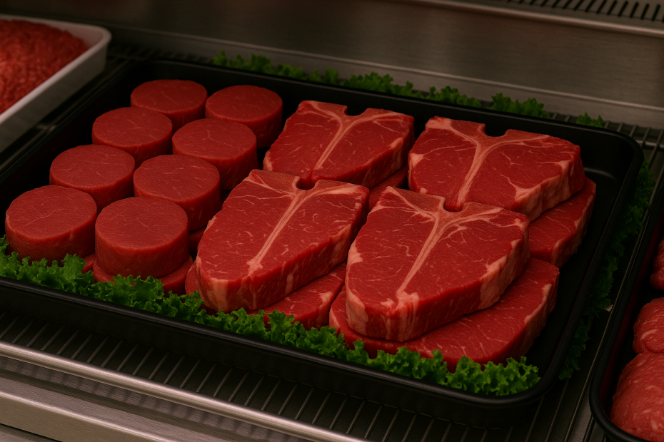 Fresh Meats on Large Black Display Tray in Butcher Setting