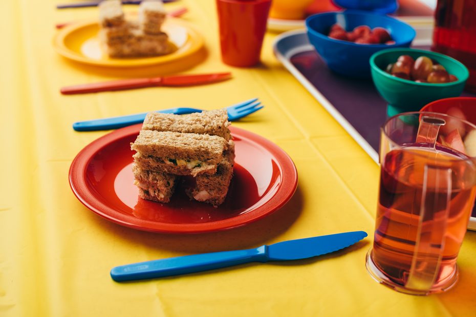 Small Red Narrow Rimmed Plate with Sandwich