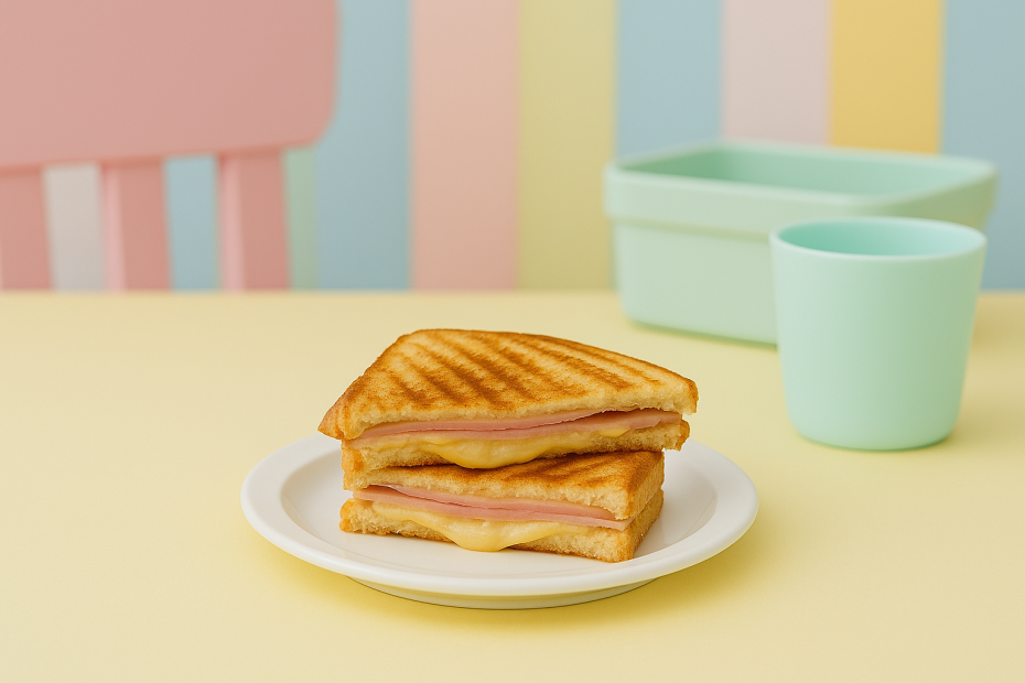 Small White Narrow Rimmed Plate with Toastie in Preschool Setting