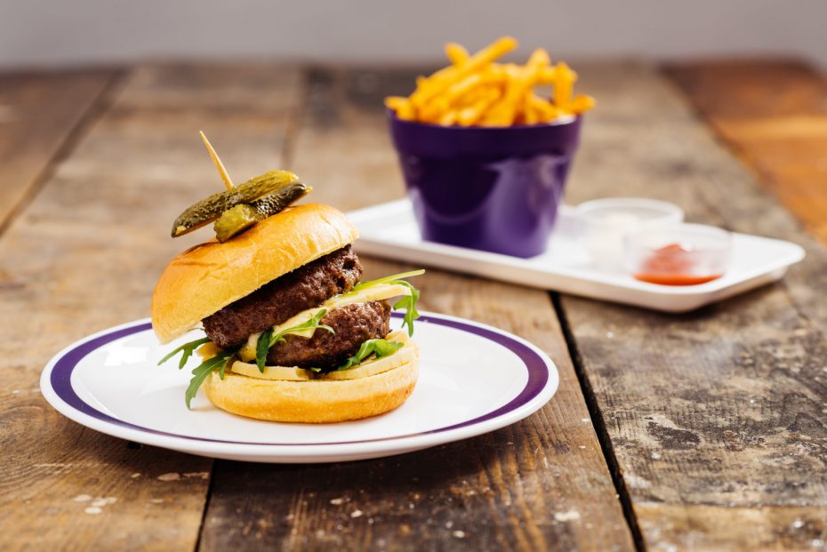 Burger and fries on a purple and white plate