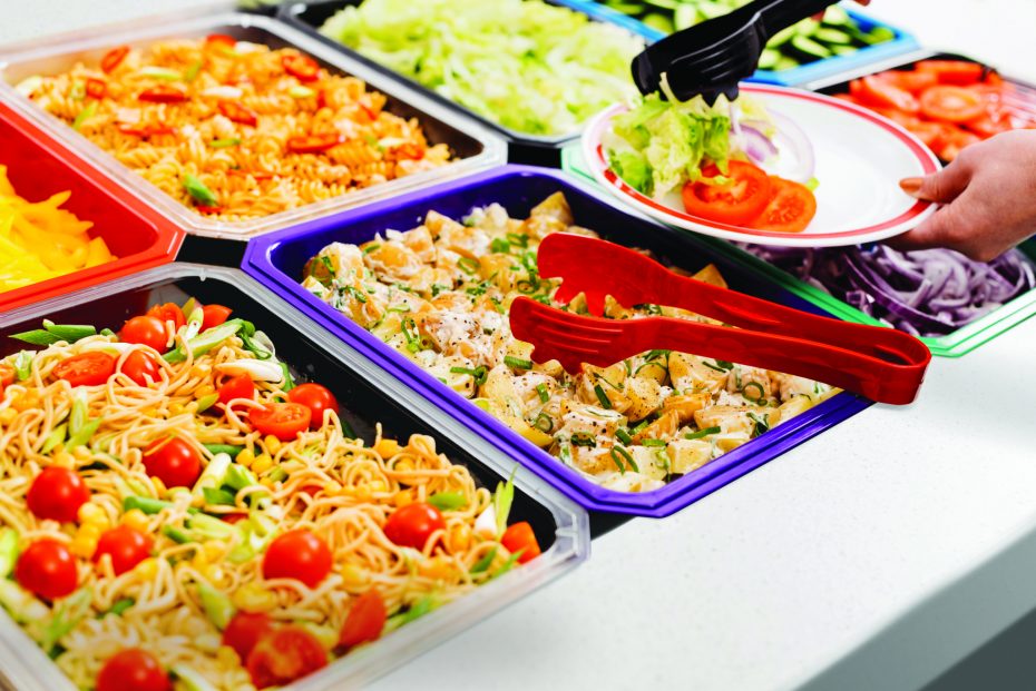 Salad Bar with coloured half gastronorms and serving tongs