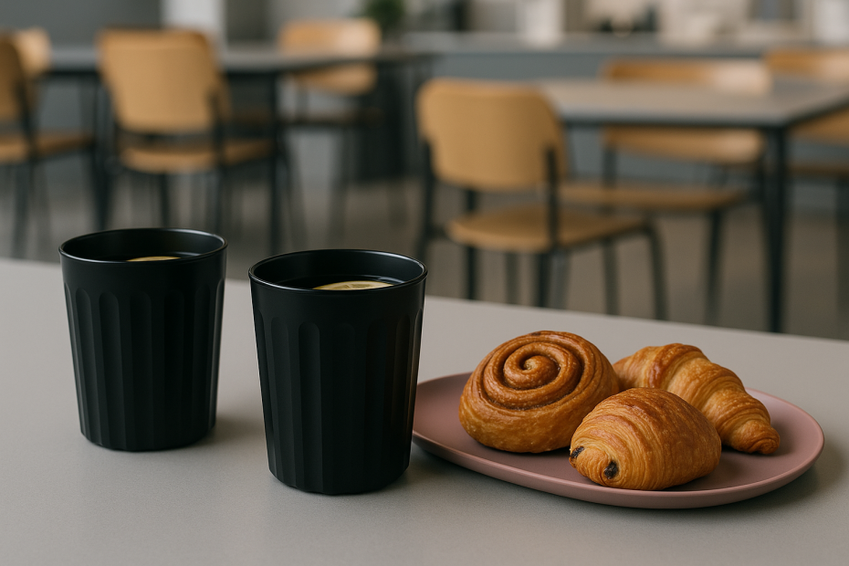 Black Fluted Tumblers with Pastry Platter in Office Canteen