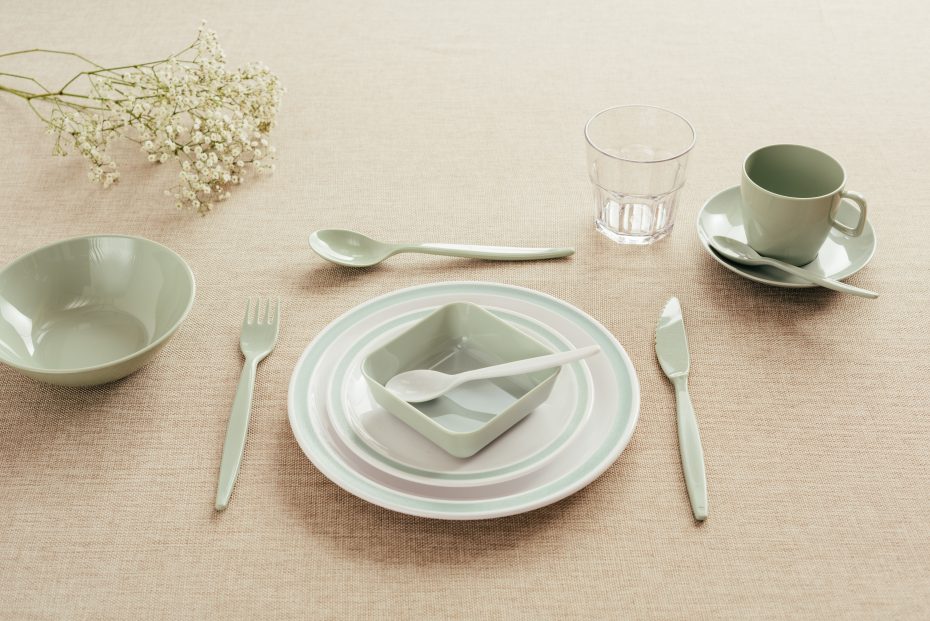 Grey Green Cutlery Set at Dinner Table