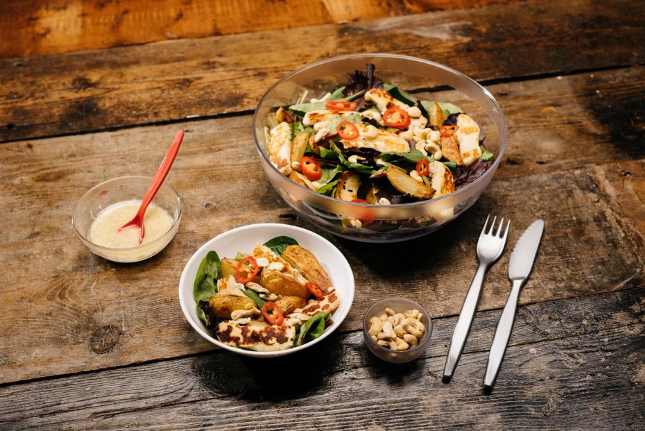 Halloumi Salad in a large clear bowl