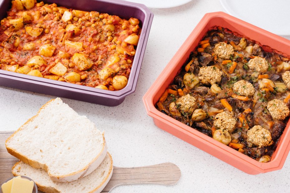 Stew in a red baking tray