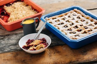 Cranberry Crumble in blue baking tray