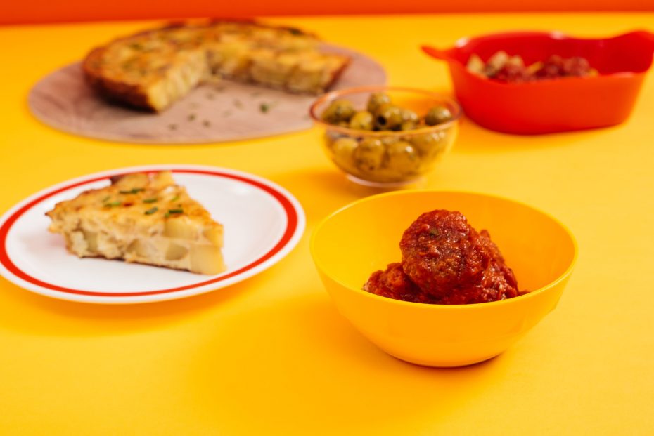 Spanish Tapas in small coloured serving dishes