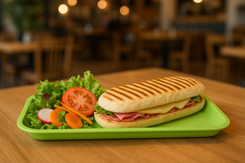 Apple Green Serving Platter with Panini and Salad in Canteen Setting