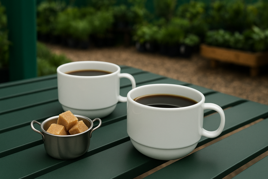 White Mugs with Coffee in Outdoor Setting