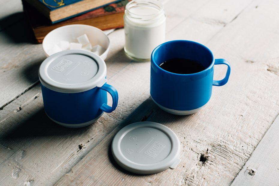 Blue Insulated Mugs with Lids and Coffee