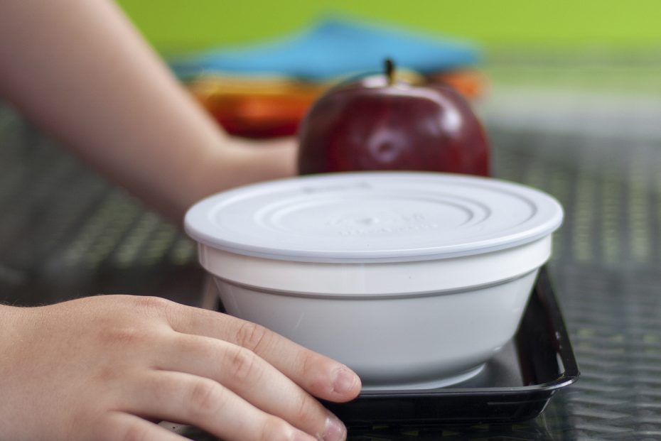 450ml White Bowl with Grey Lid on a Meal Tray