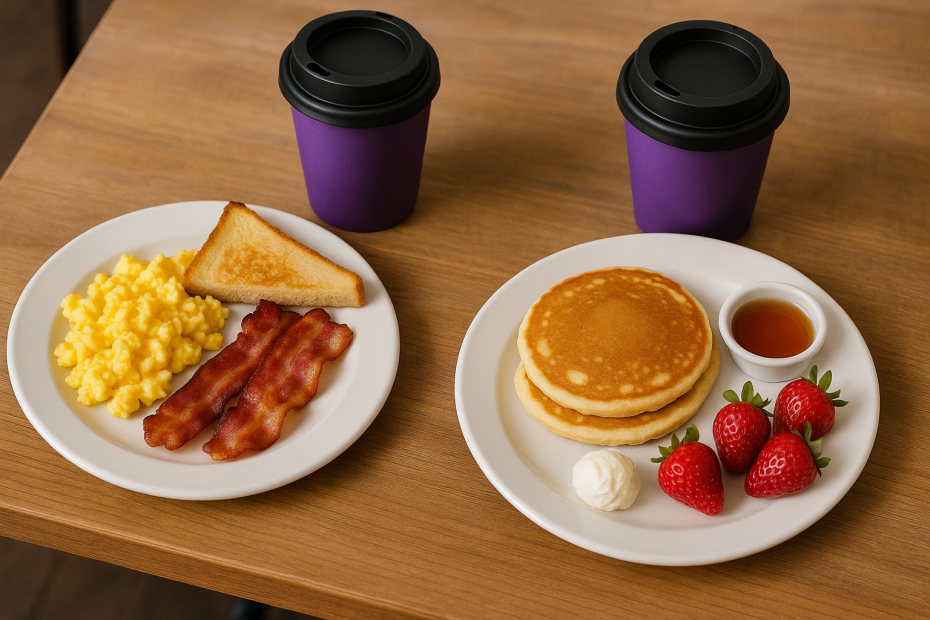 White 23cm Plates with Breakfast Dishes and Purple Espresso Cups