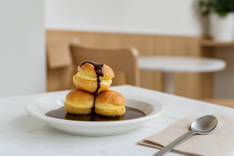 Dessert Served in White Deep Plate in Coffee Shop Setting