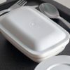 450ml White Rectangular Bowl with Lid in Food Service Setting
