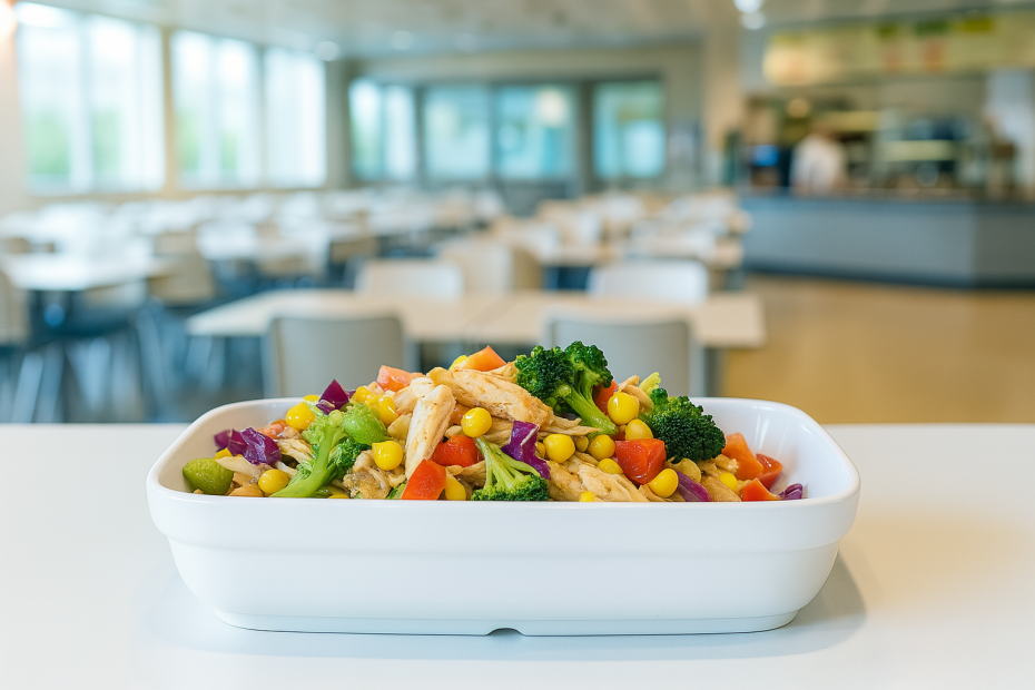 Chicken Salad In White Rectangular Bowl in Canteen Setting