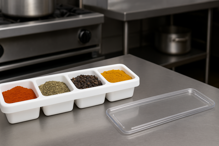 Caddy Box and Lid with Spices in Industrial Kitchen