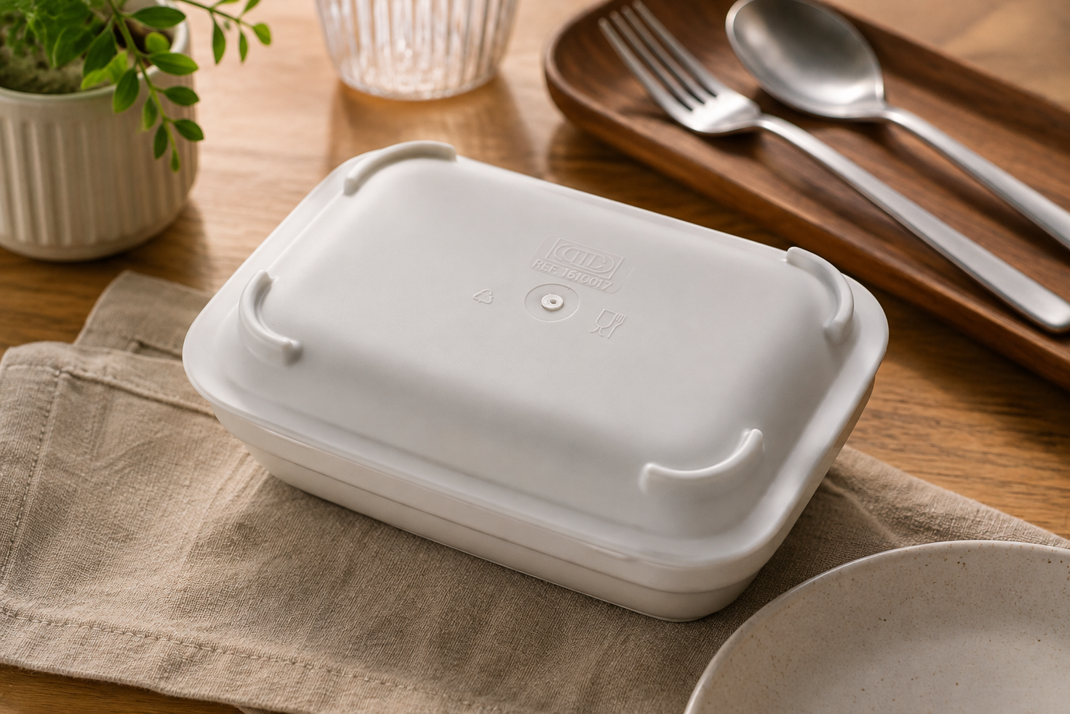450ml White Rectangular Bowl with Lid in Food Service Setting