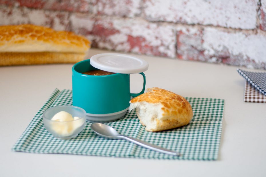 Jade Thermal Cup with Soup and a Bread Roll