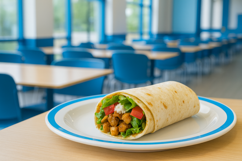 Med Blue Duo Dinner Plate with Burrito in School Setting