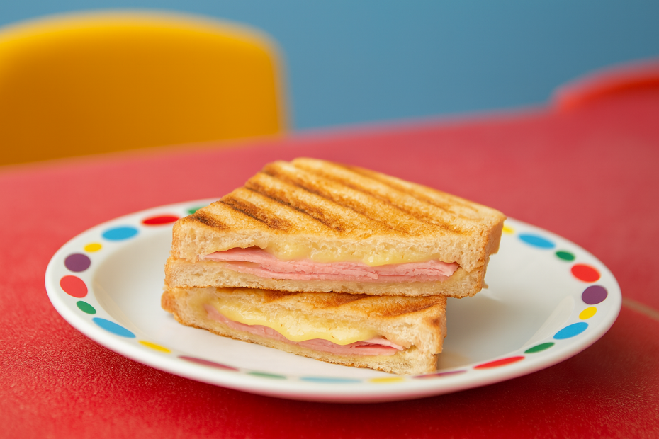 Pebbles Dinner Plate with Ham and Cheese Toastie