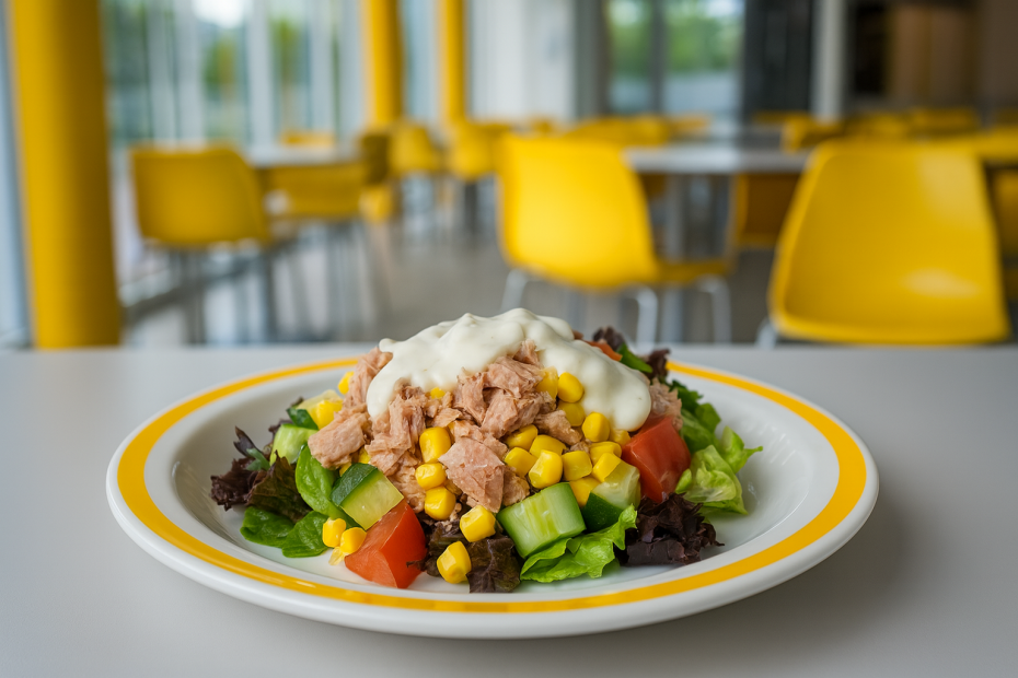 Yellow Duo Dinner Plate with Tuna Salad in Canteen Setting