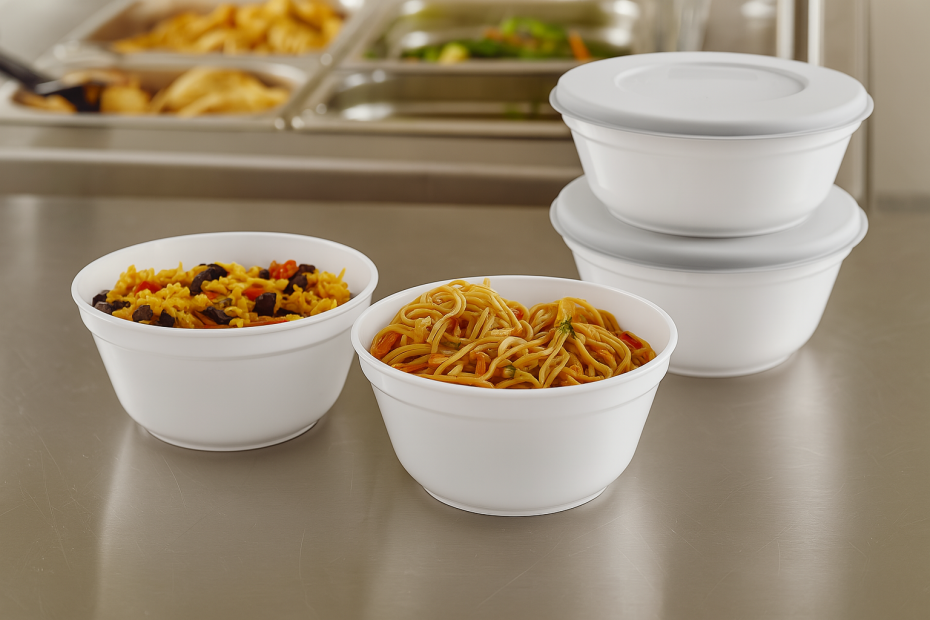 White 450ml Bowls with Lids and Variety of Dishes on Buffet Counter