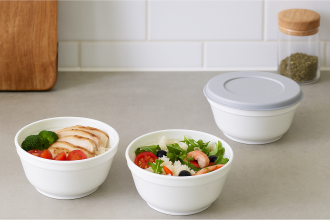 White 450ml Bowls with Lids Serving Selection of Salads.