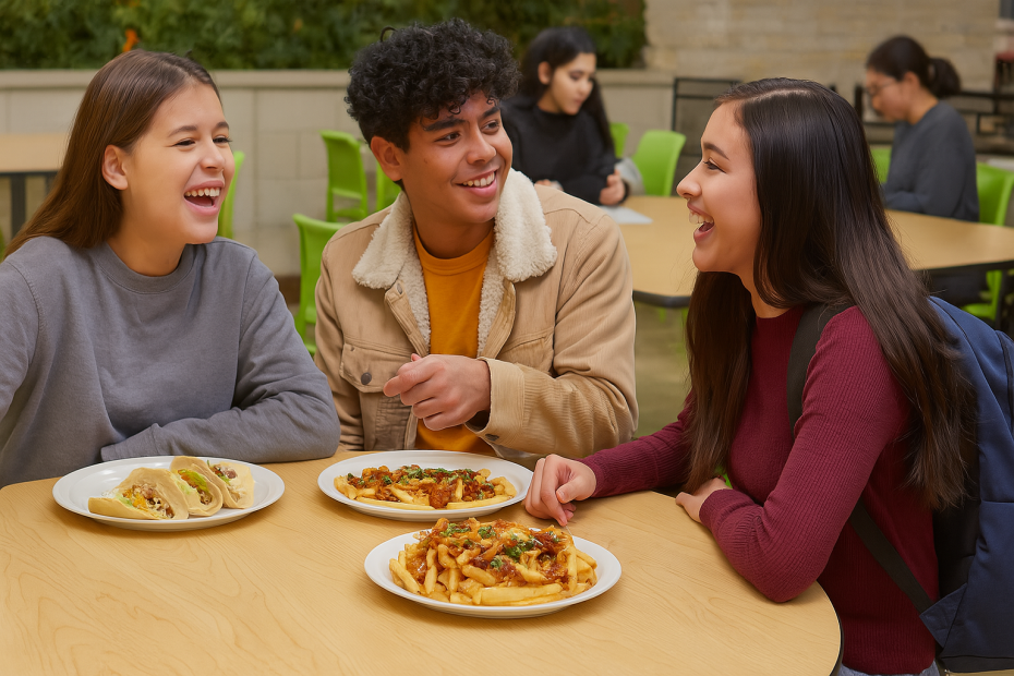 Street Food Lunch on Large White Plates in College Canteen